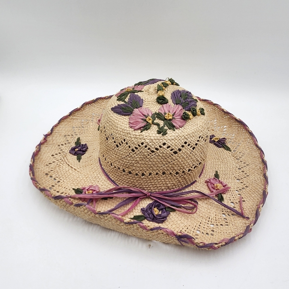 Vintage large beach Spring star sun hat raffia flowers bow